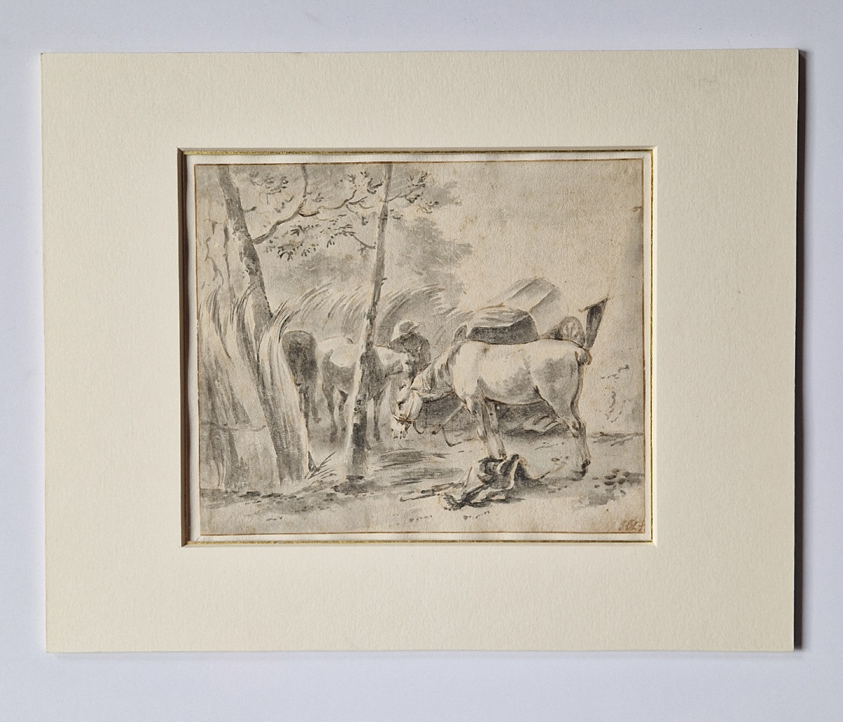 Dessin ancien hollandais XVIIe par Hendrick Verschuring (Gorkum 1627–1690) Chevaux au Repos -photo-2