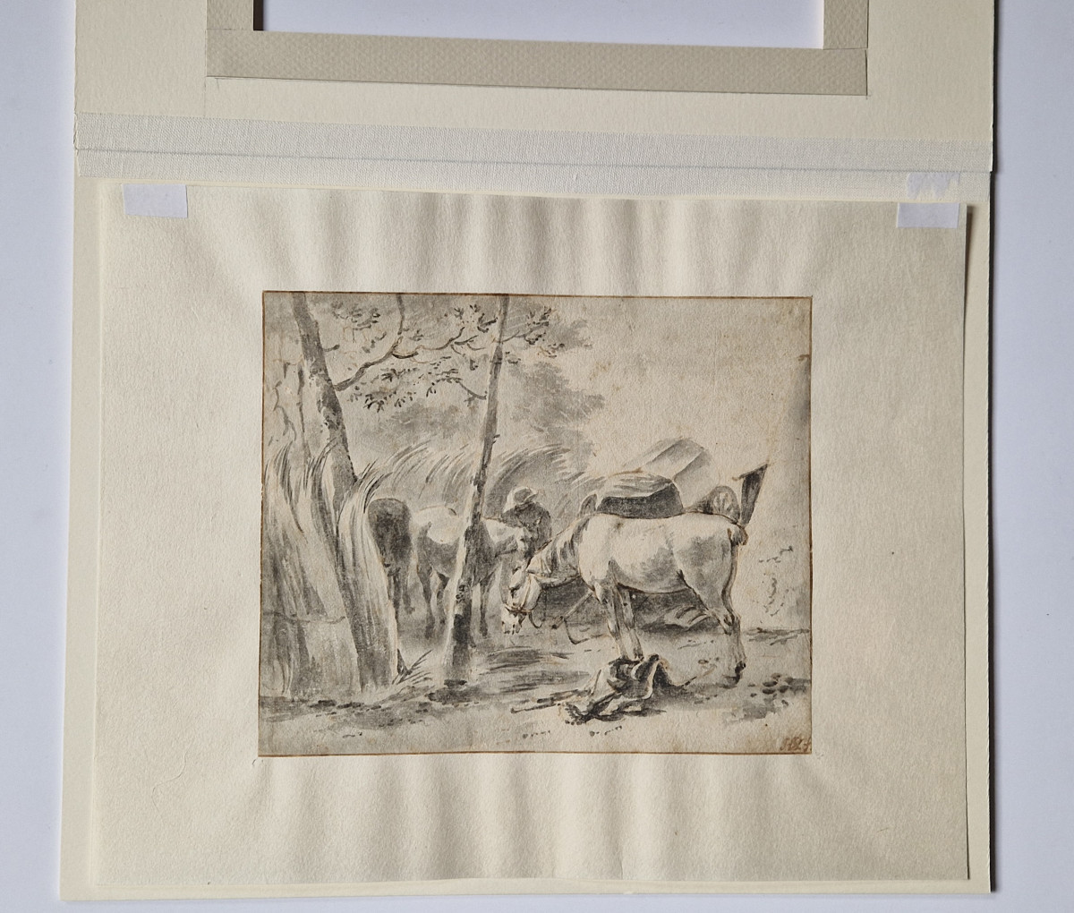 Dessin ancien hollandais XVIIe par Hendrick Verschuring (Gorkum 1627–1690) Chevaux au Repos -photo-3