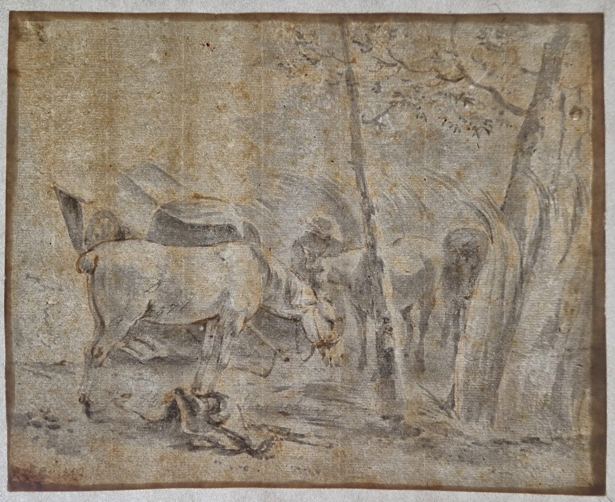 Dessin ancien hollandais XVIIe par Hendrick Verschuring (Gorkum 1627–1690) Chevaux au Repos -photo-5