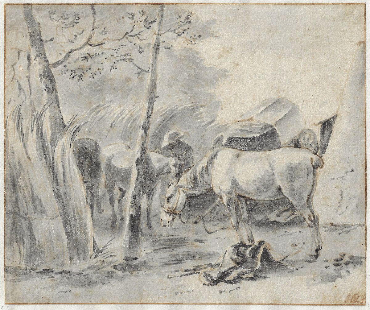 Dessin ancien hollandais XVIIe par Hendrick Verschuring (Gorkum 1627–1690) Chevaux au Repos 