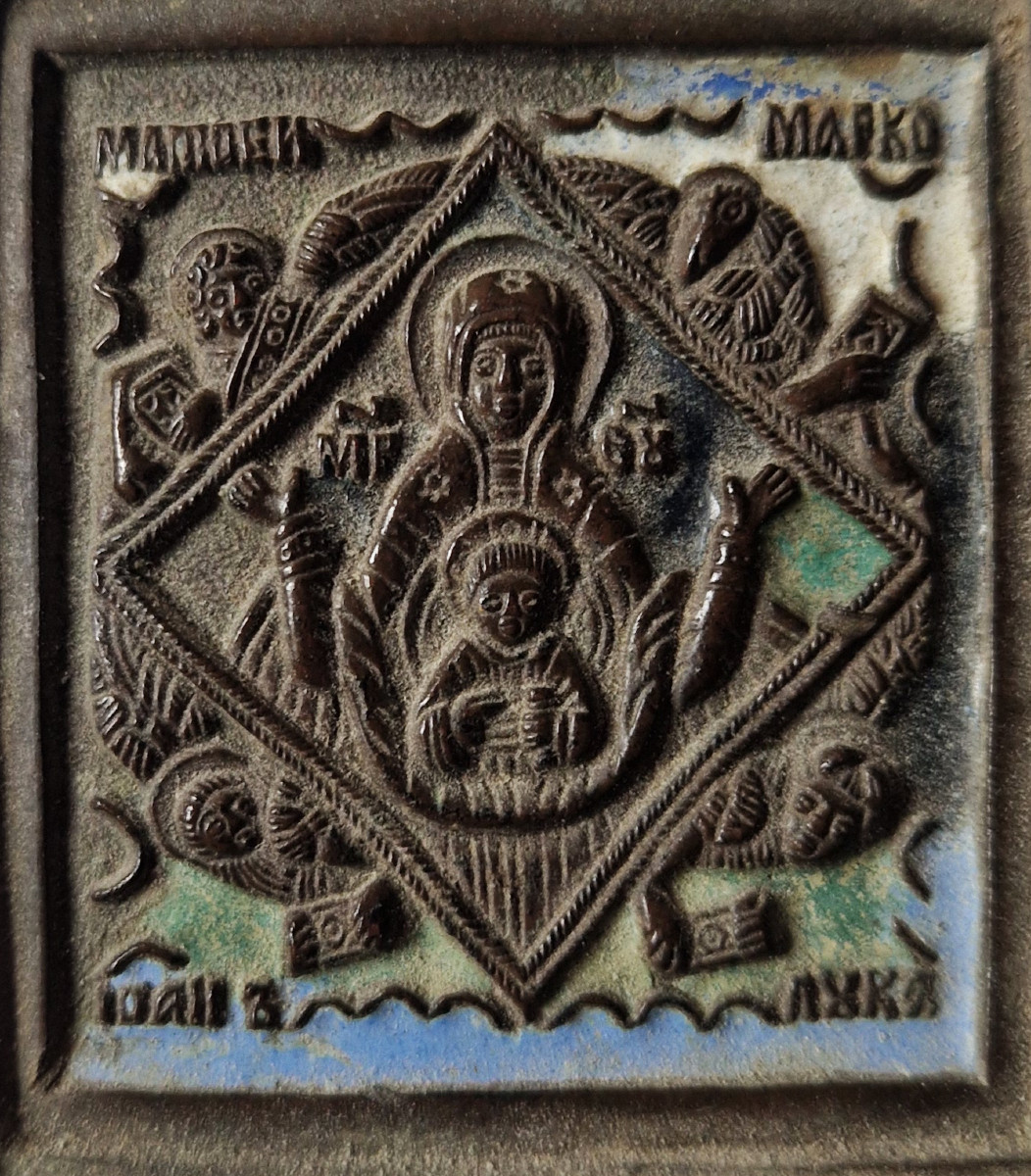 Russian Enamelled Bronze Travel Icon Our Lady Of The Sign 19th Century-photo-2