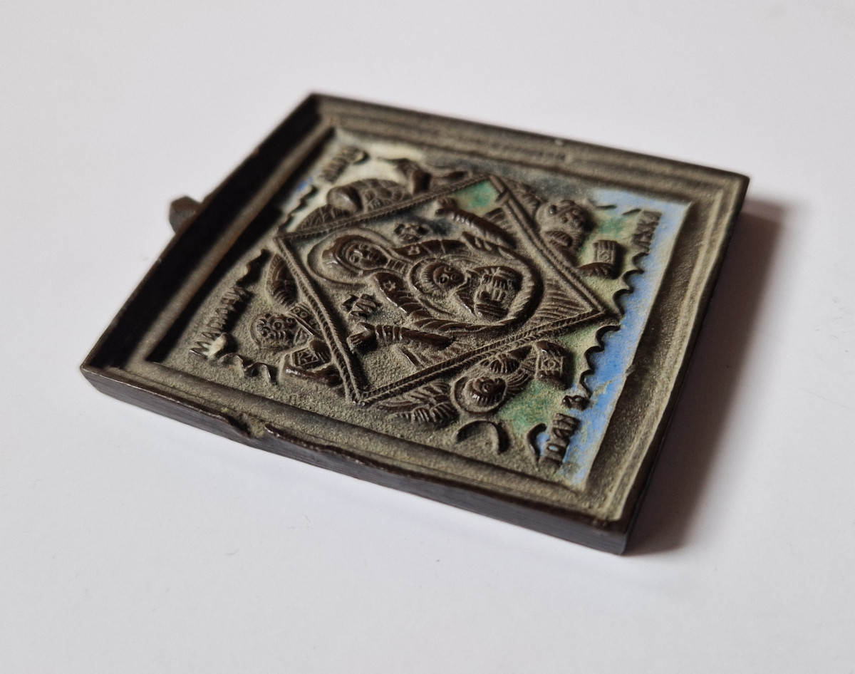 Russian Enamelled Bronze Travel Icon Our Lady Of The Sign 19th Century-photo-2