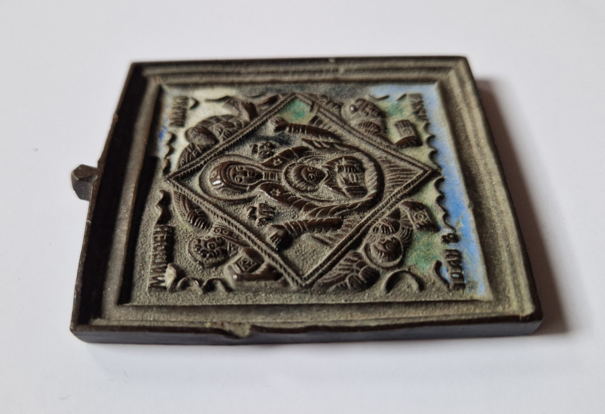Russian Enamelled Bronze Travel Icon Our Lady Of The Sign 19th Century-photo-3