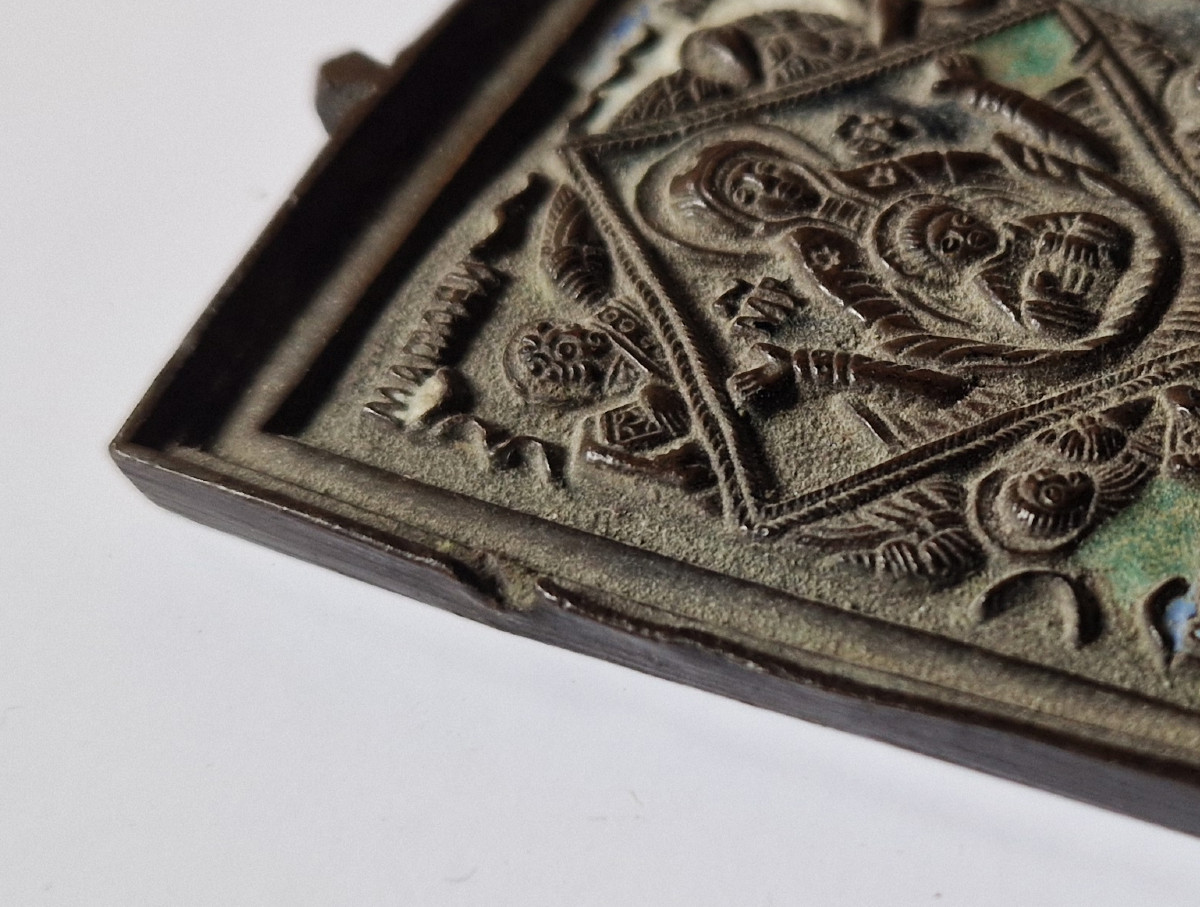 Russian Enamelled Bronze Travel Icon Our Lady Of The Sign 19th Century-photo-4