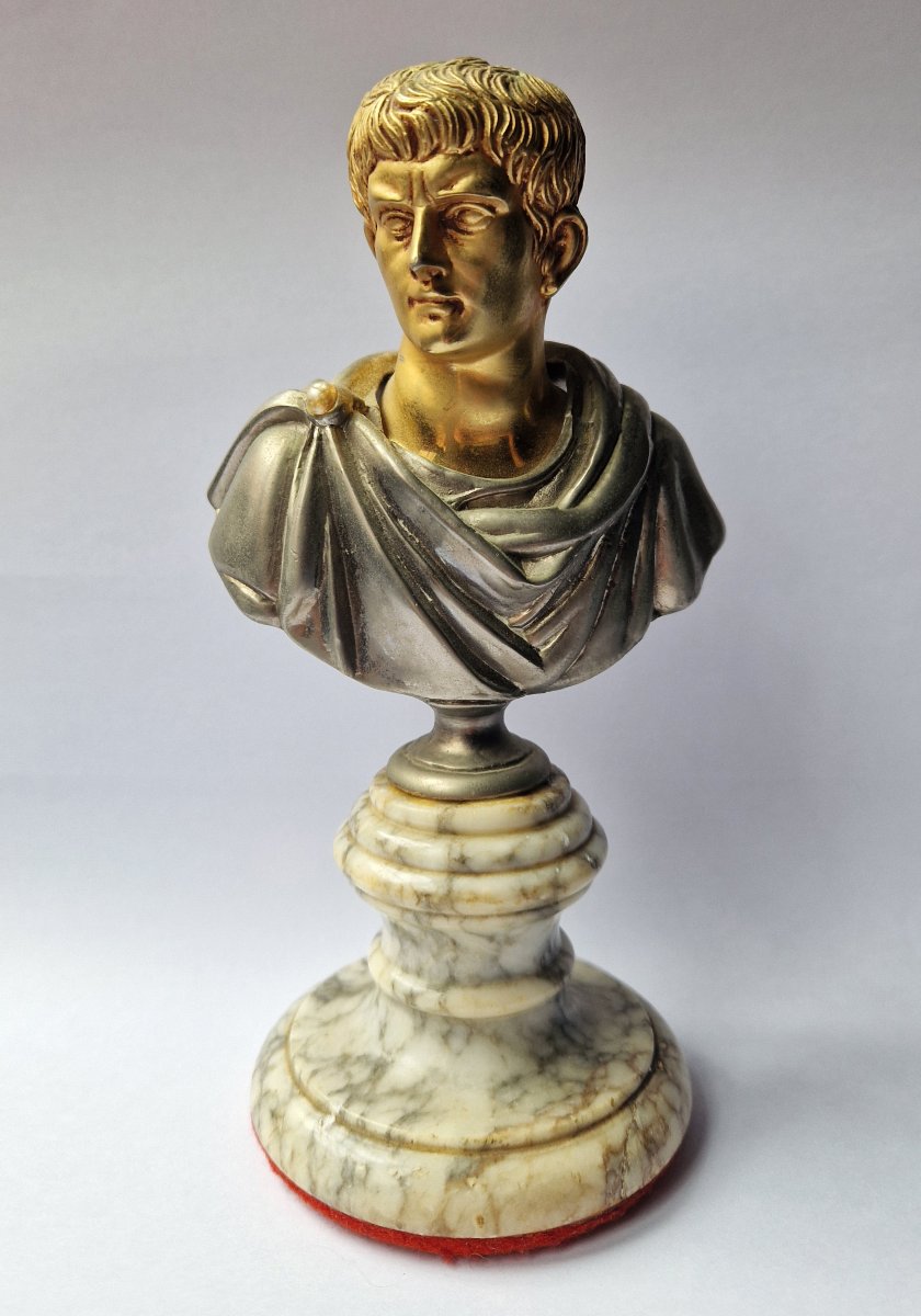 Buste d'empereur romain en laiton et marbre, style Grand Tour 