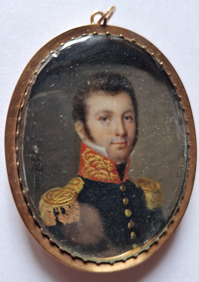 Poortrait en miniature d'officier par François Petit de Villeneuve, daté 1818-photo-3
