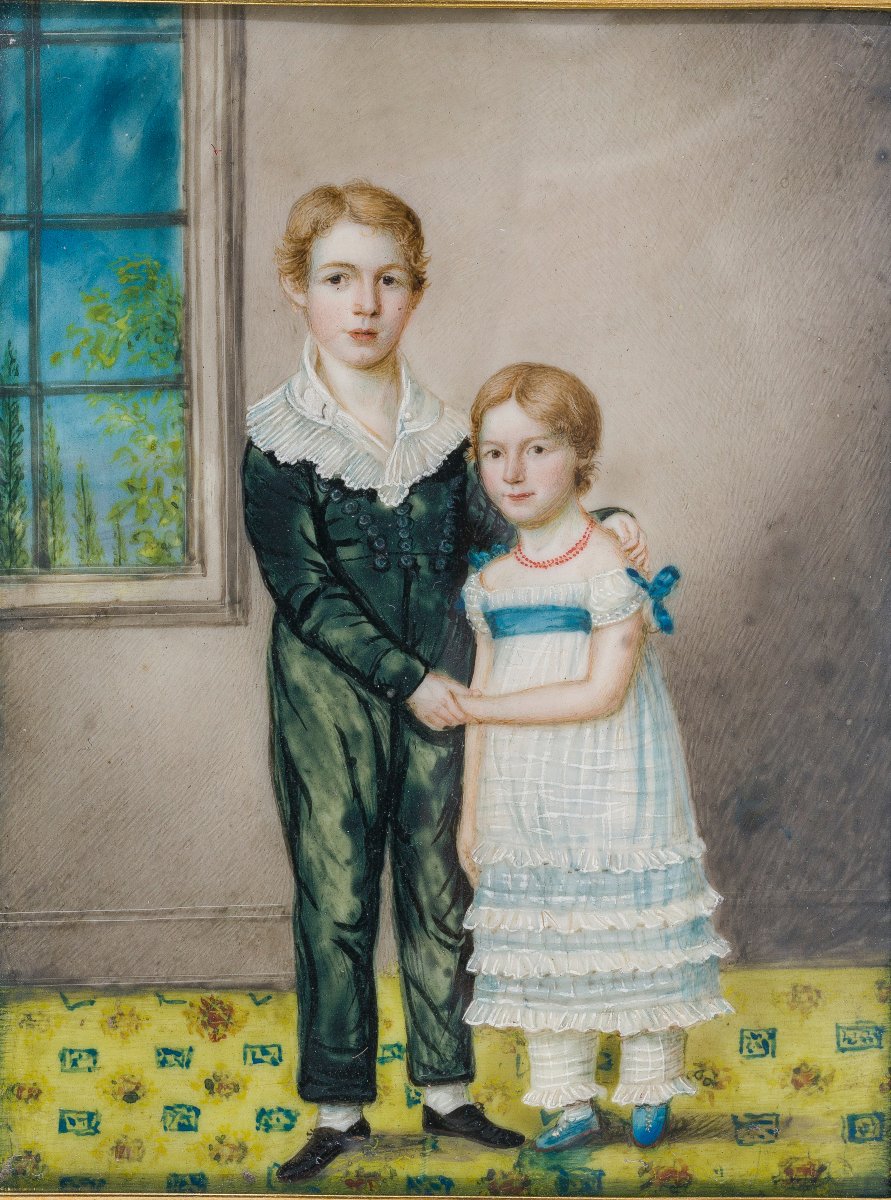 German School, C. 1830  Large Portrait Miniature Depicting A Brother And Sister In An Interior-photo-2