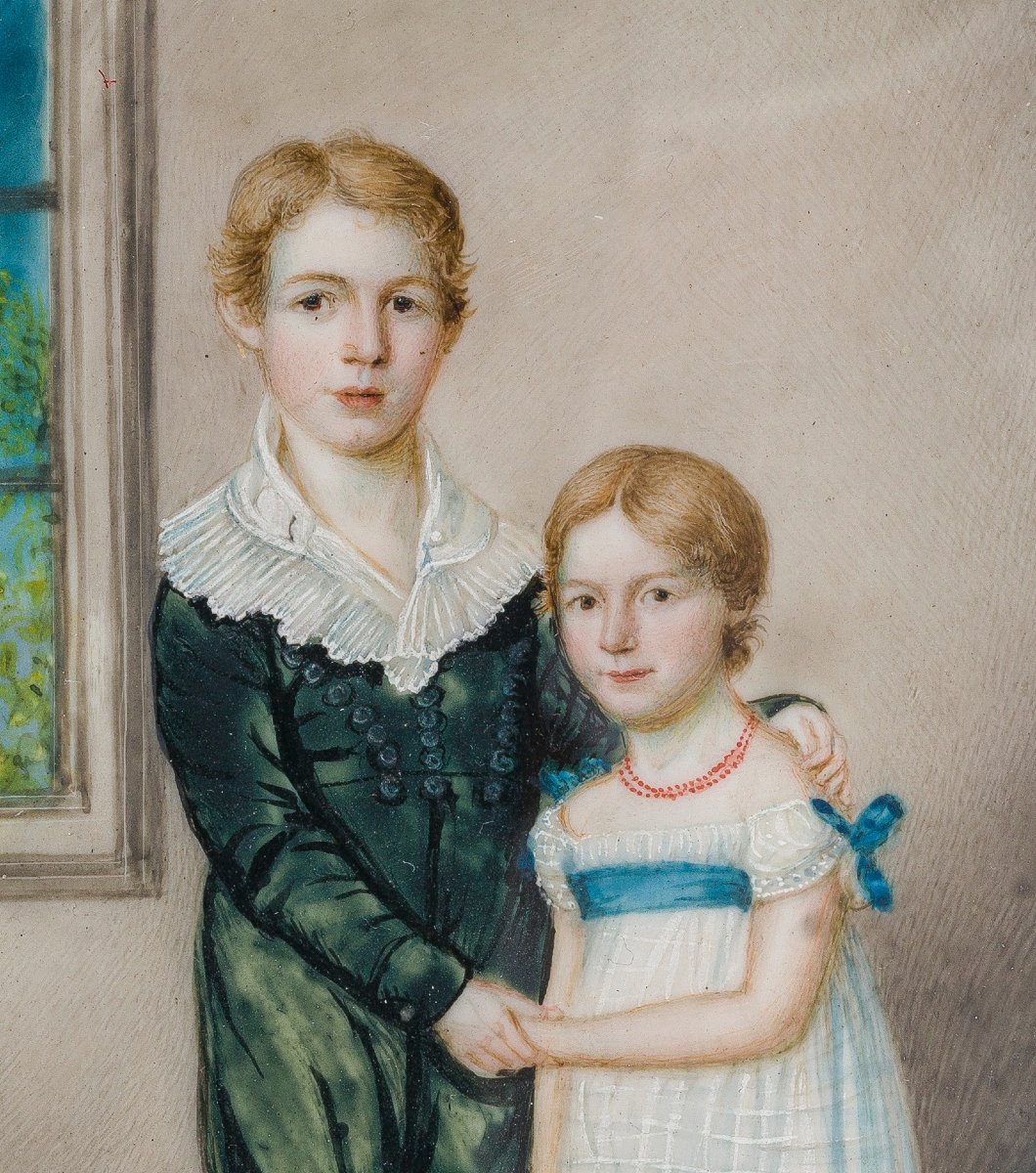 German School, C. 1830  Large Portrait Miniature Depicting A Brother And Sister In An Interior-photo-3