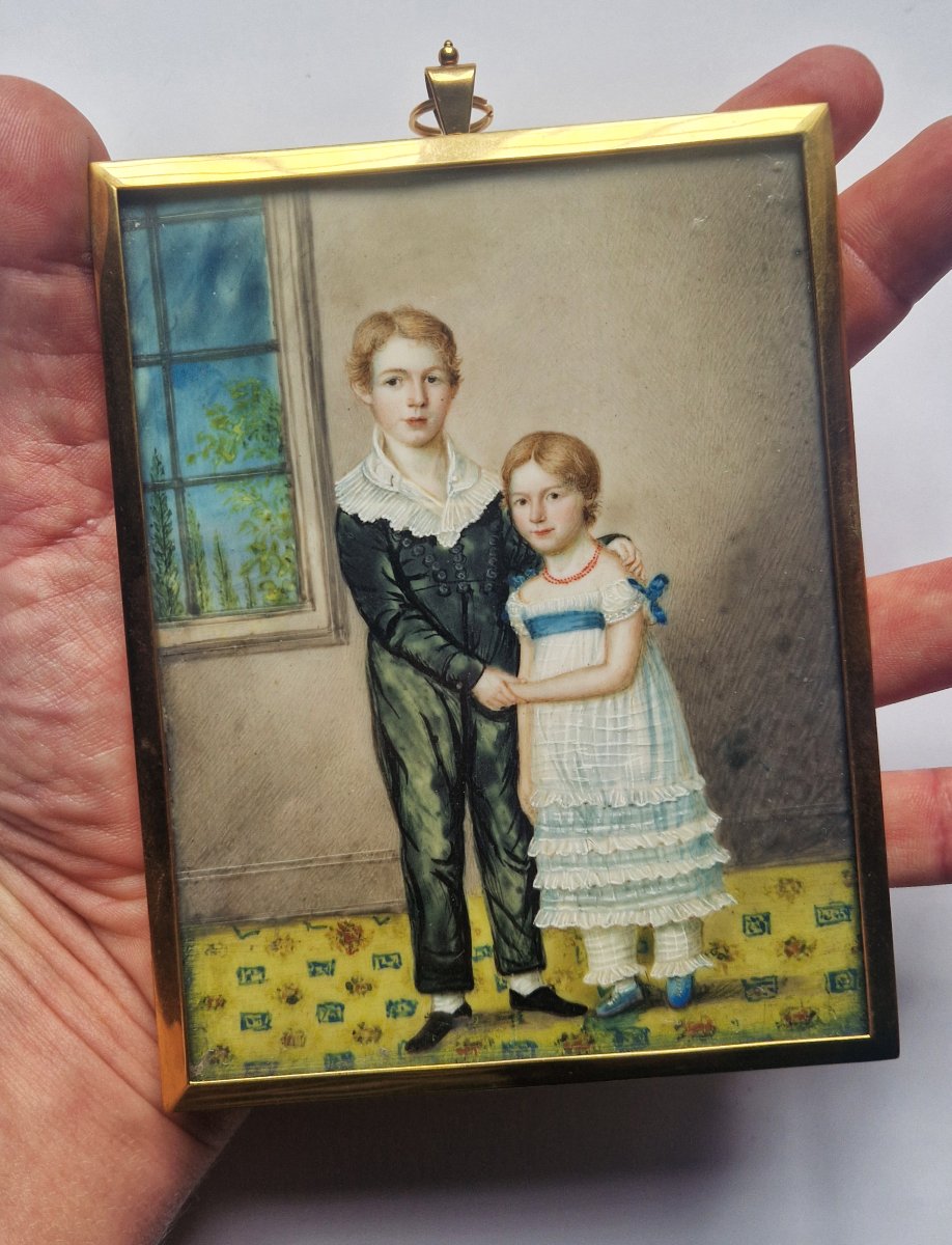 German School, C. 1830  Large Portrait Miniature Depicting A Brother And Sister In An Interior-photo-3