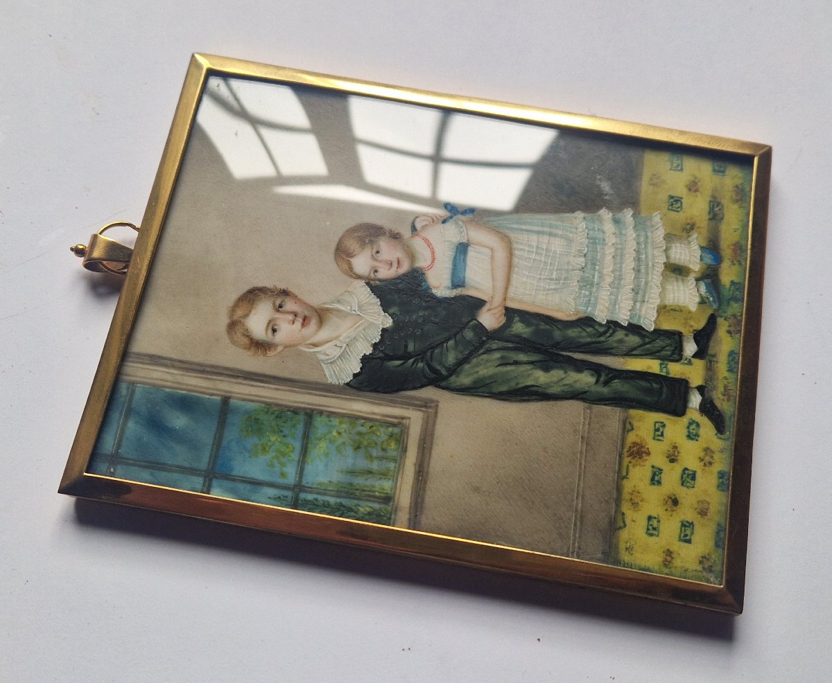German School, C. 1830  Large Portrait Miniature Depicting A Brother And Sister In An Interior-photo-4