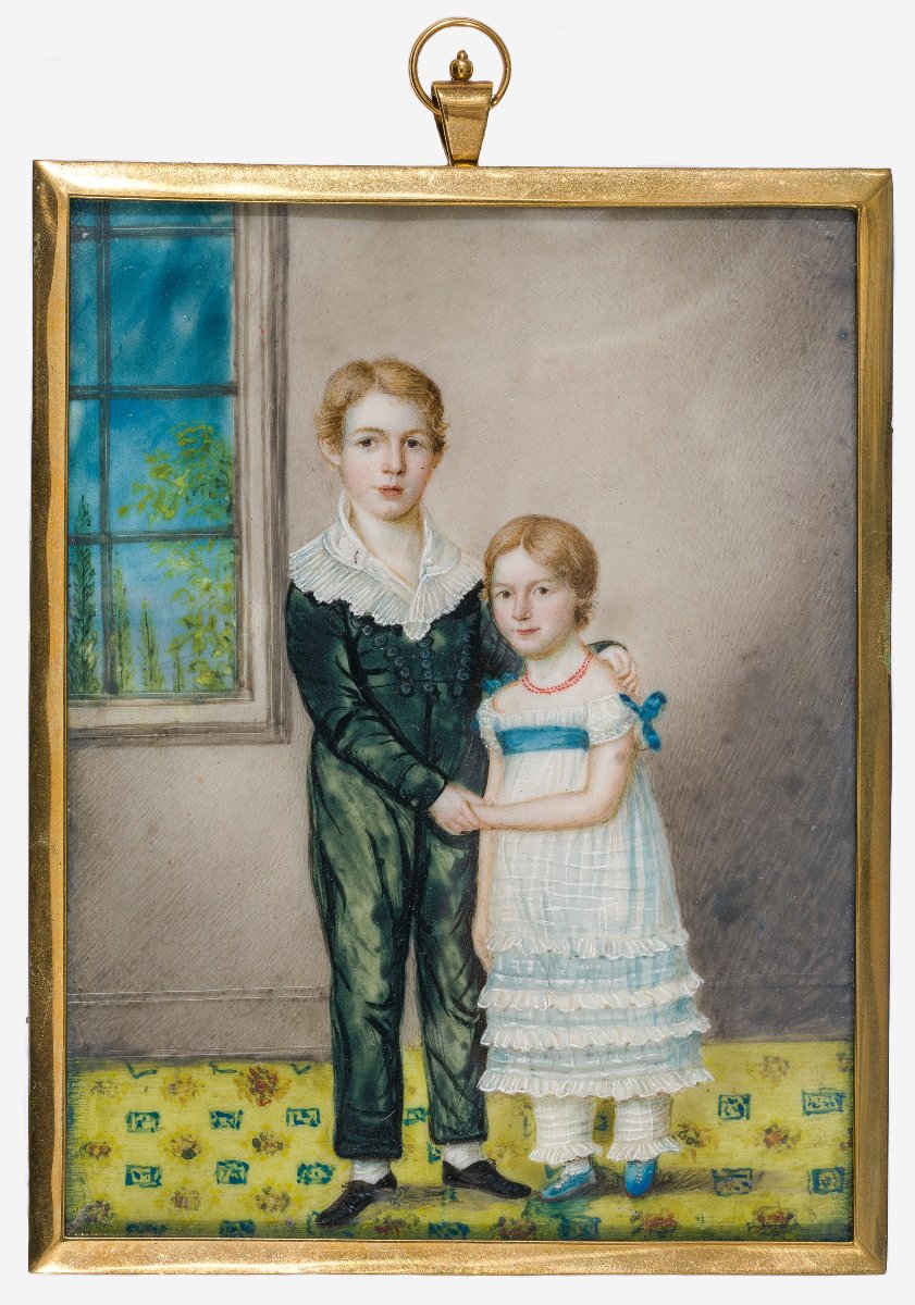 German School, C. 1830  Large Portrait Miniature Depicting A Brother And Sister In An Interior