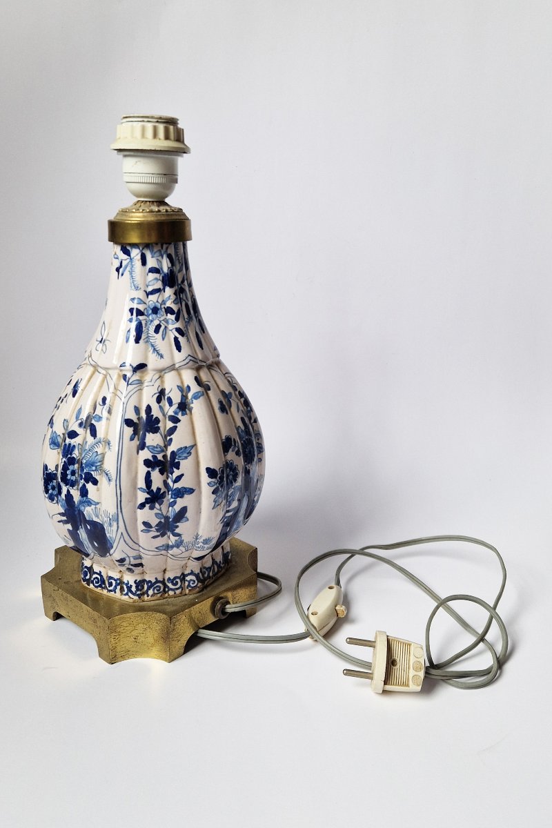 Delft Earthenware Baluster Vase Brass-mounted As Table Lamp Circa 1900-photo-4