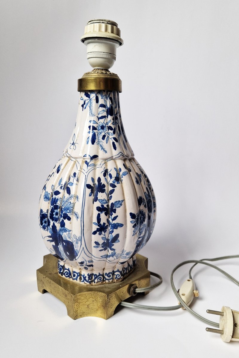 Delft Earthenware Baluster Vase Brass-mounted As Table Lamp Circa 1900-photo-1