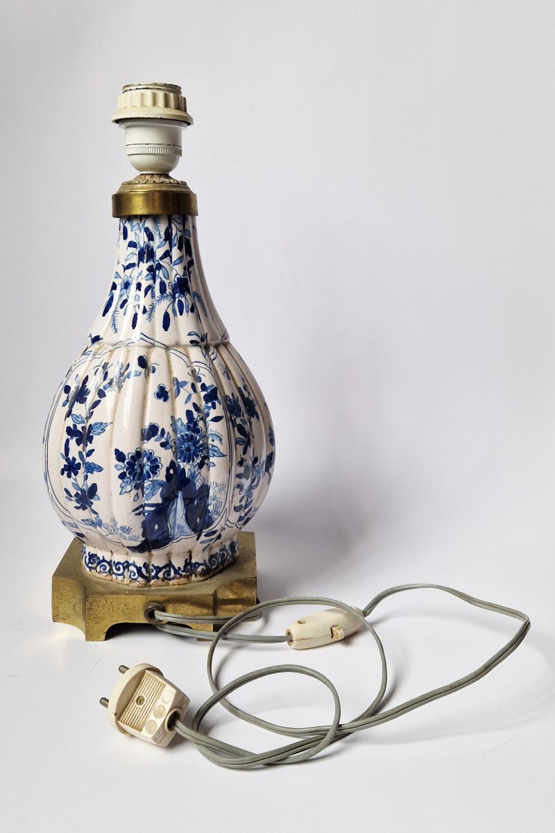 Delft Earthenware Baluster Vase Brass-mounted As Table Lamp Circa 1900-photo-2