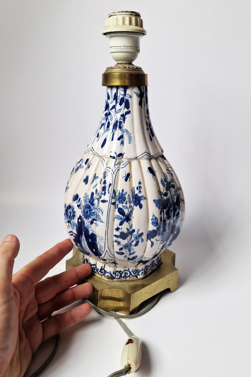Delft Earthenware Baluster Vase Brass-mounted As Table Lamp Circa 1900-photo-7