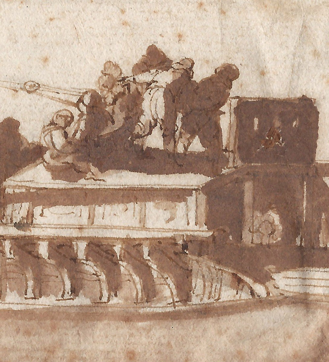 Dessin Ancien Par Abraham Casembroot (bruges? C. 1593 - 1658 Messine)  Matelots Levant Un Mât  -photo-2