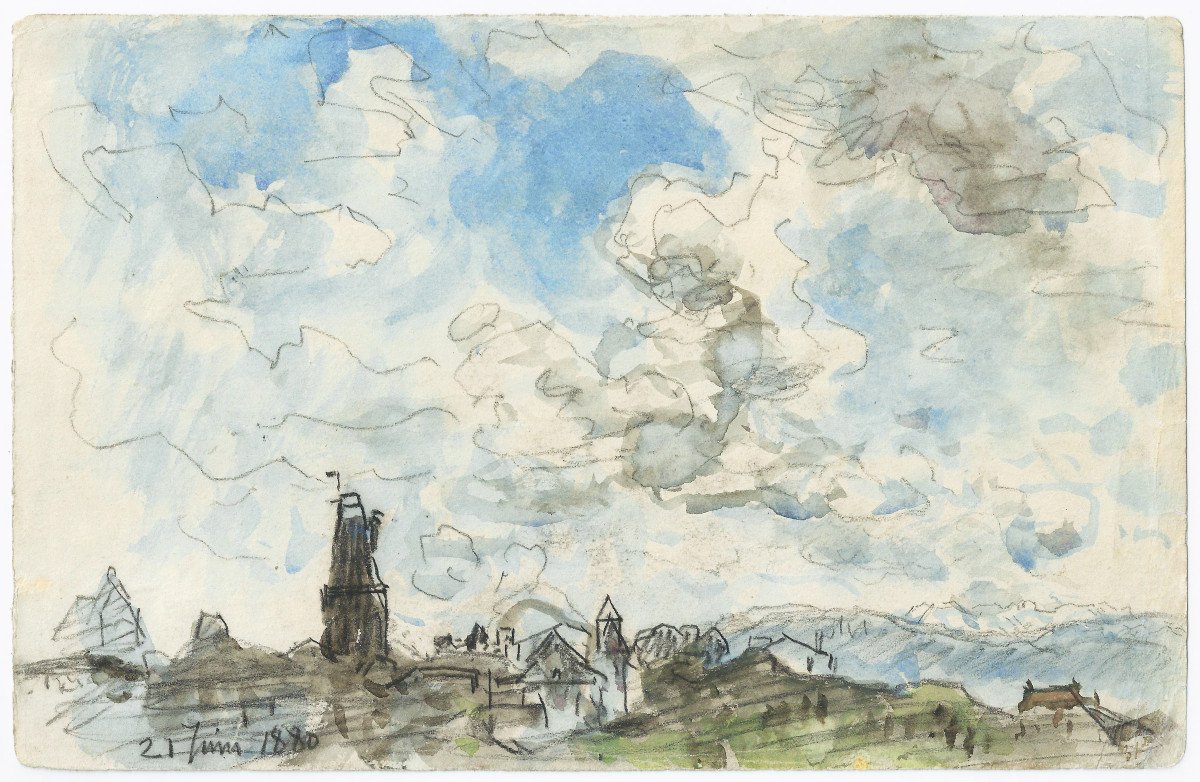Watercolor By Johan Barthold Jongkind (lattrop 1819 - 1891) Clouds Over La Côte-saint-andré