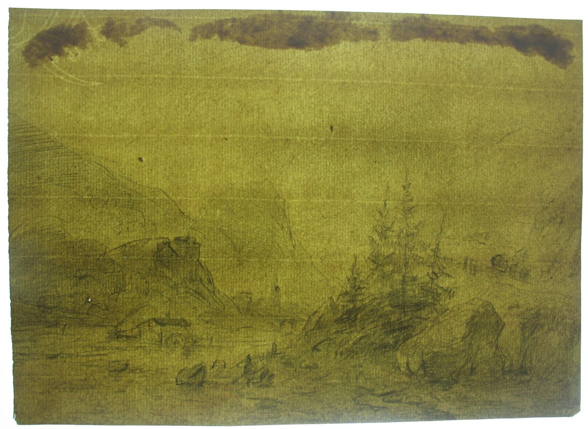 Old 19th  C Drawing Attr To Andreas Schelfhout (the Hague 1787 - 1870) Mountainous Landscape-photo-1