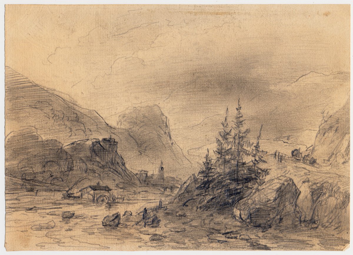 Old 19th  C Drawing Attr To Andreas Schelfhout (the Hague 1787 - 1870) Mountainous Landscape