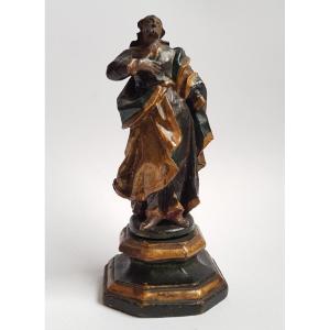 Petite Sculpture Baroque En Bois Polychrome d'Un Saint Du XVIIIe Siècle  Bois Sculpté