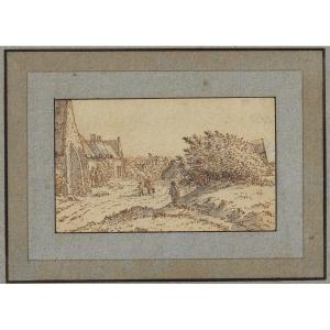 Dessin Ancien XVIIe Josua De Grave (amsterdam 1643 - 1712 La Haye) Voyageurs Près d'Un Village
