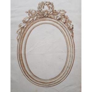 Important And Published 18th Century Drawing French School, Ca 1770 Design For An Oval Frame