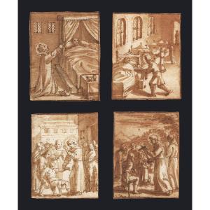 Quatre Dessins Anciens XVIIe Par Pieter De Jode (anvers 1570 - 1634) 17e Siecle