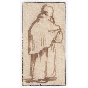 Dessin Ancien XVIIe Par Jan Porcellis (gand 1580-1632)  Une Vieille Femme Vue De Dos  17e S