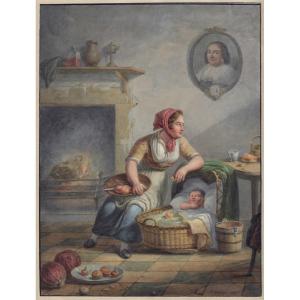 Dessin Ancien Par Pieter Fontijn (dordrecht 1773–1839) - Scène d'Intérieur  