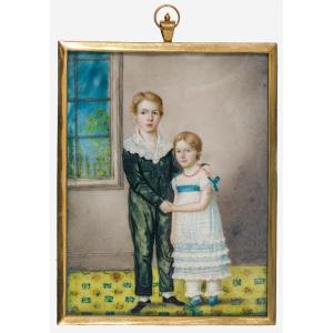 École allemande, c. 1830 Grande miniature représentant un frère et une sœur dans un intérieur
