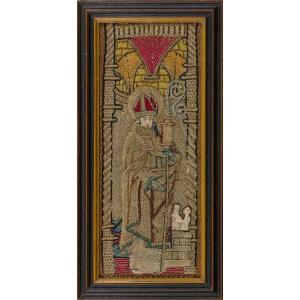 Fragment de bande d'orfroi brodée de la Renaissance Saint Nicolas, vers 1520 Pays-Bas
