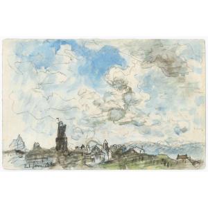   Aquarelle Par Johan Barthold Jongkind (lattrop 1819 - 1891) Nuages Sur La Côte-saint-andré