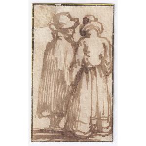 Dessin Ancien Par Jan Porcellis (gand 1580 - 1632 Zoeterwoude)  Un Couple élégant 