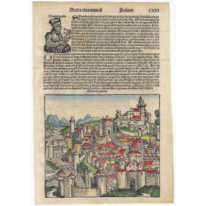Feuille De Gravure Sur Bois Du 15e Avec Vue De Tivoli Tirée De La Chronique De Nuremberg 1493