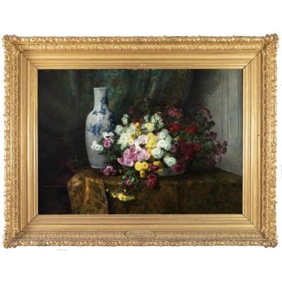 Still Life With Flowers And Chinese Vase - Furcy De Lavault (1847-1915)