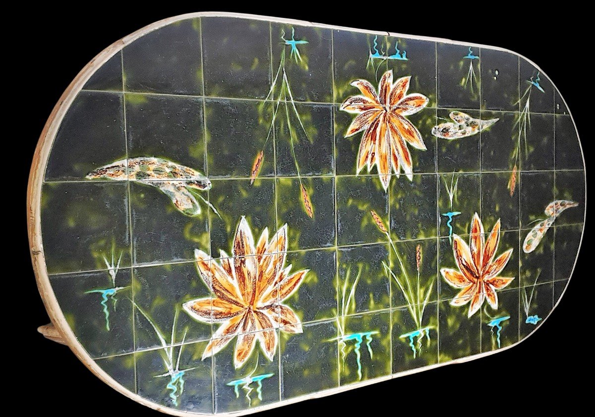 Table en rotin et céramique  Georges Chassin Vallauris dans le style Audoux Minnet -photo-3