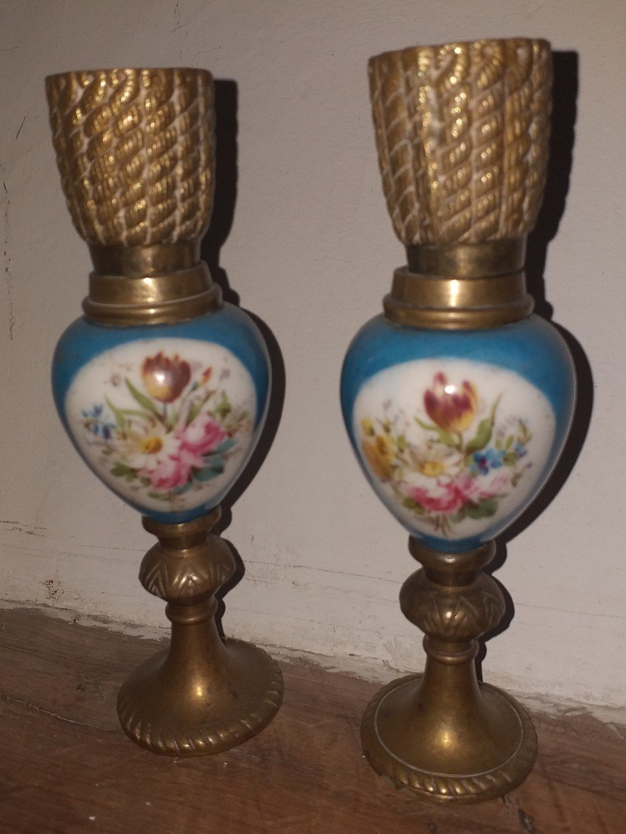 Pair Of Napoleon III Candlesticks, Bronze And Porcelain 
