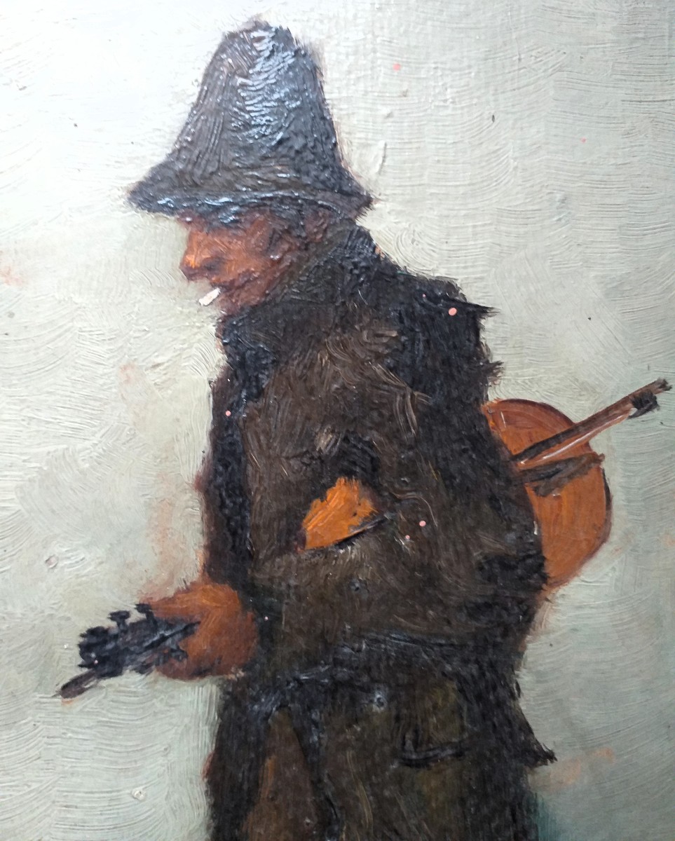 Musicien ambulant au violon – Huile sur panneau avec cadre doré-photo-2