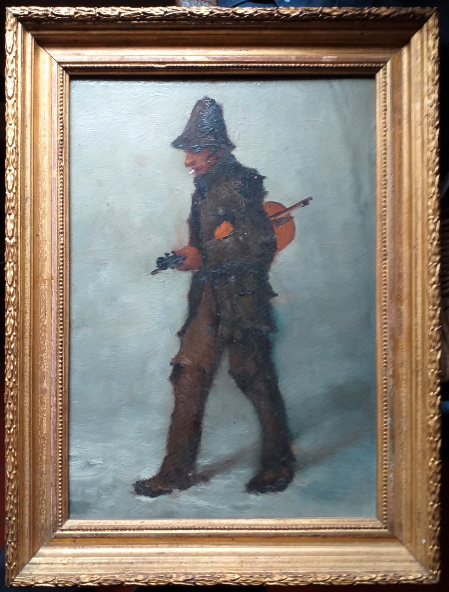 Musicien ambulant au violon – Huile sur panneau avec cadre doré