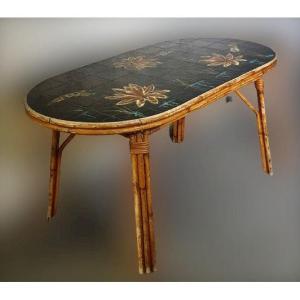 Table en rotin et céramique  Georges Chassin Vallauris dans le style Audoux Minnet 
