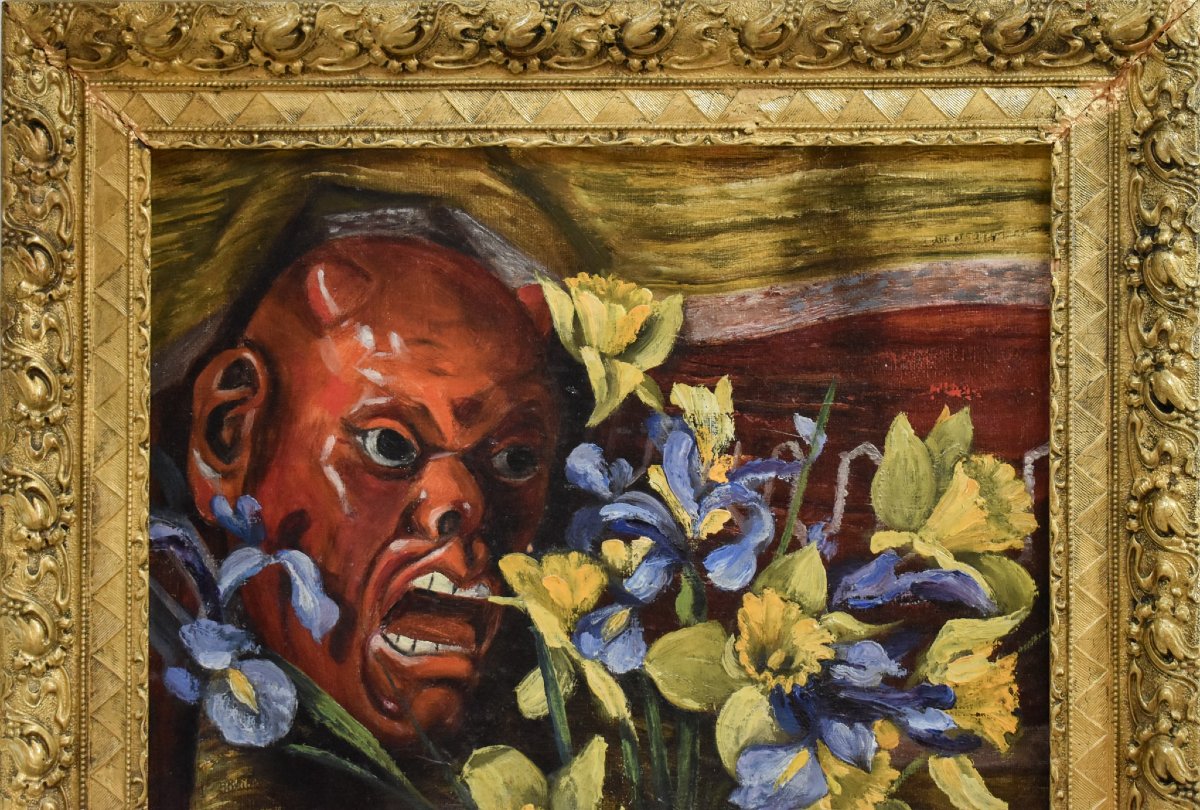 Still Life Flowers And Devil Mask -  Signed Gassee-photo-3