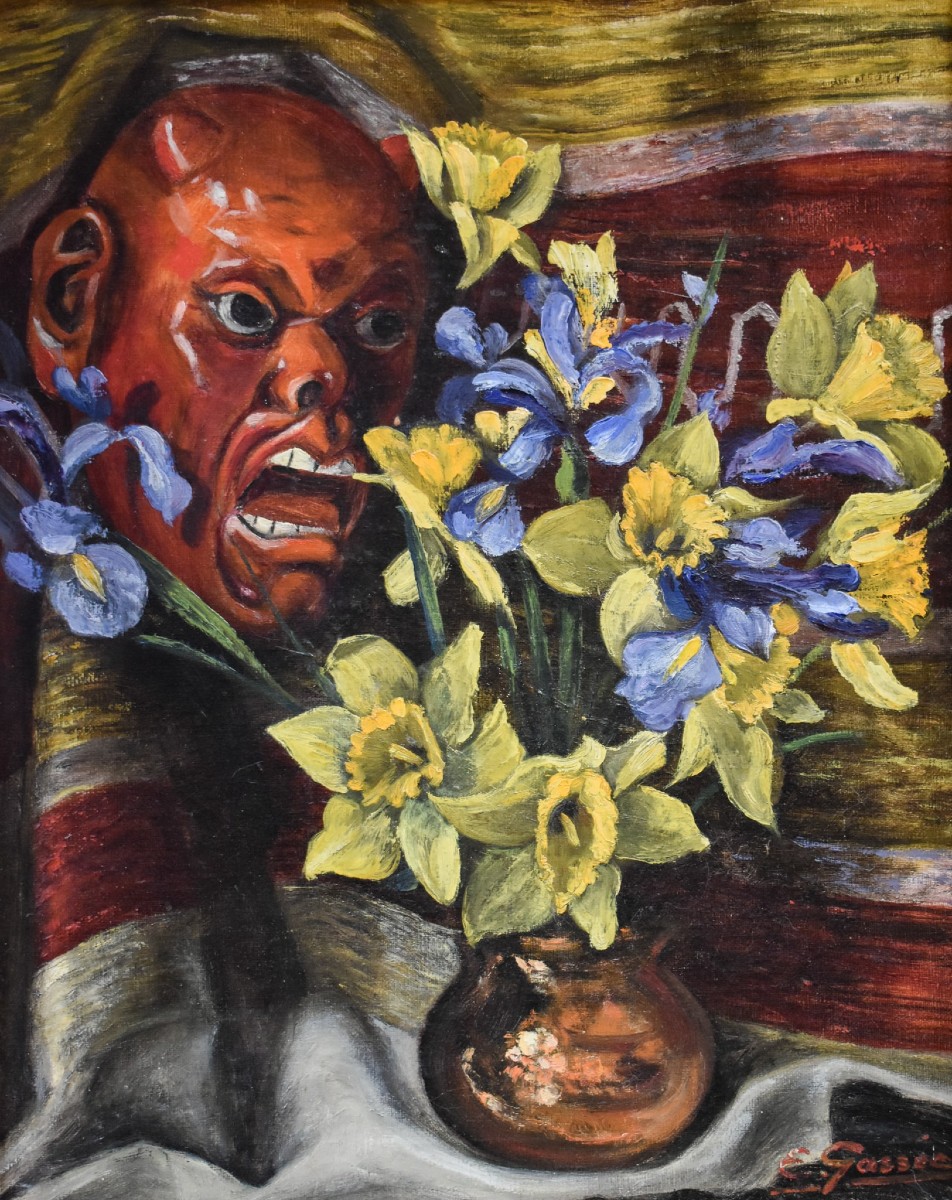 Still Life Flowers And Devil Mask -  Signed Gassee