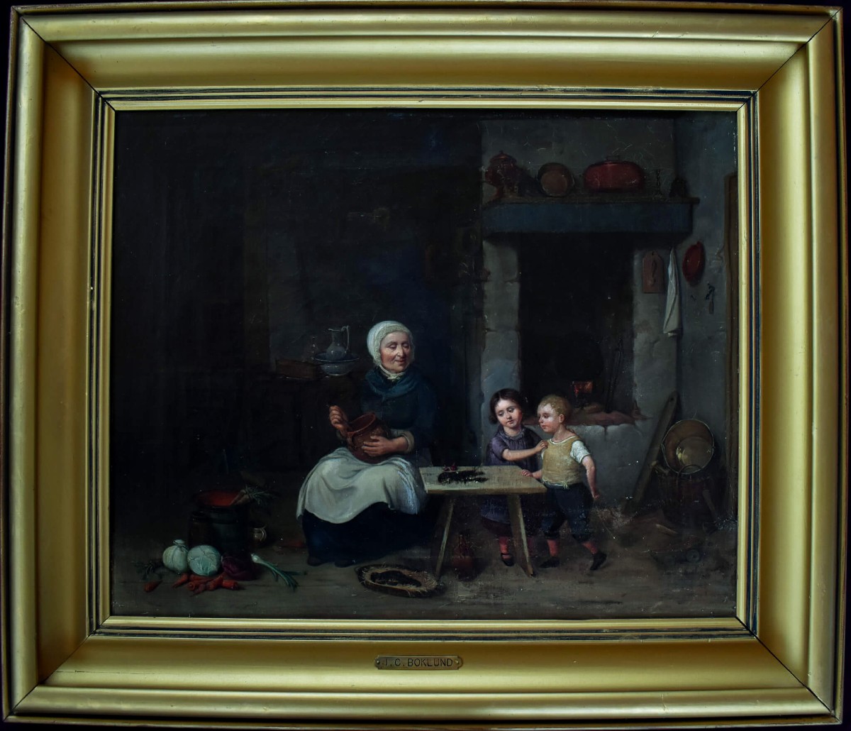 Peinture à l'huile suédoise du XIXe siècle – Scène de cuisine ancienne – Johan Boklund-photo-2