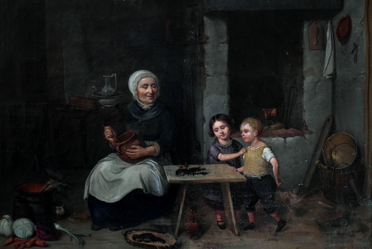 Peinture à l'huile suédoise du XIXe siècle – Scène de cuisine ancienne – Johan Boklund-photo-4