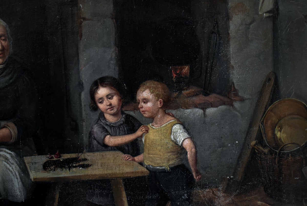 Peinture à l'huile suédoise du XIXe siècle – Scène de cuisine ancienne – Johan Boklund-photo-1
