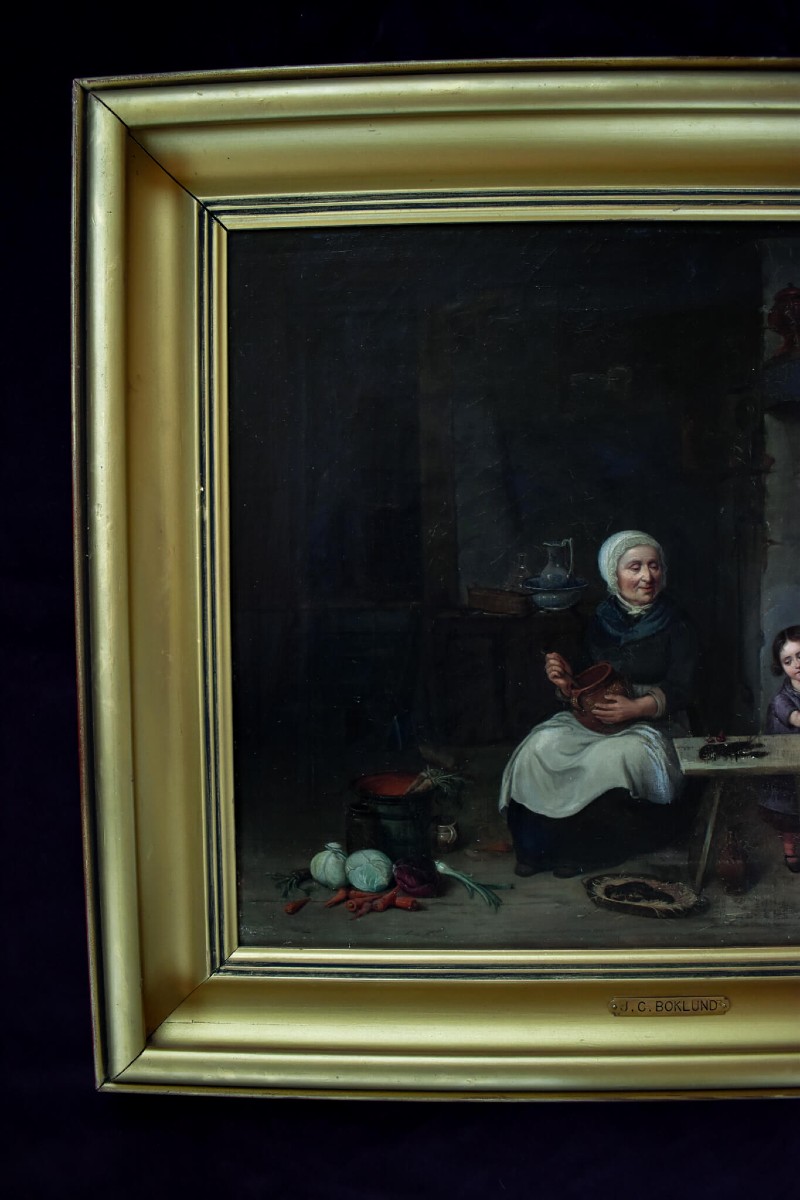 Peinture à l'huile suédoise du XIXe siècle – Scène de cuisine ancienne – Johan Boklund-photo-3
