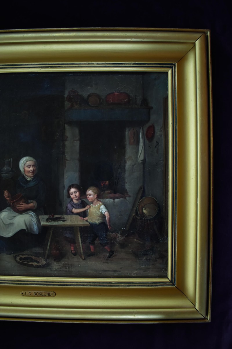 Peinture à l'huile suédoise du XIXe siècle – Scène de cuisine ancienne – Johan Boklund-photo-4