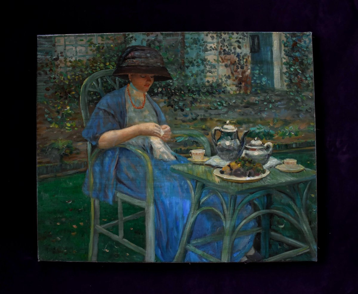 Petit-déjeuner au jardin – D'après Frieseke, École française-photo-2