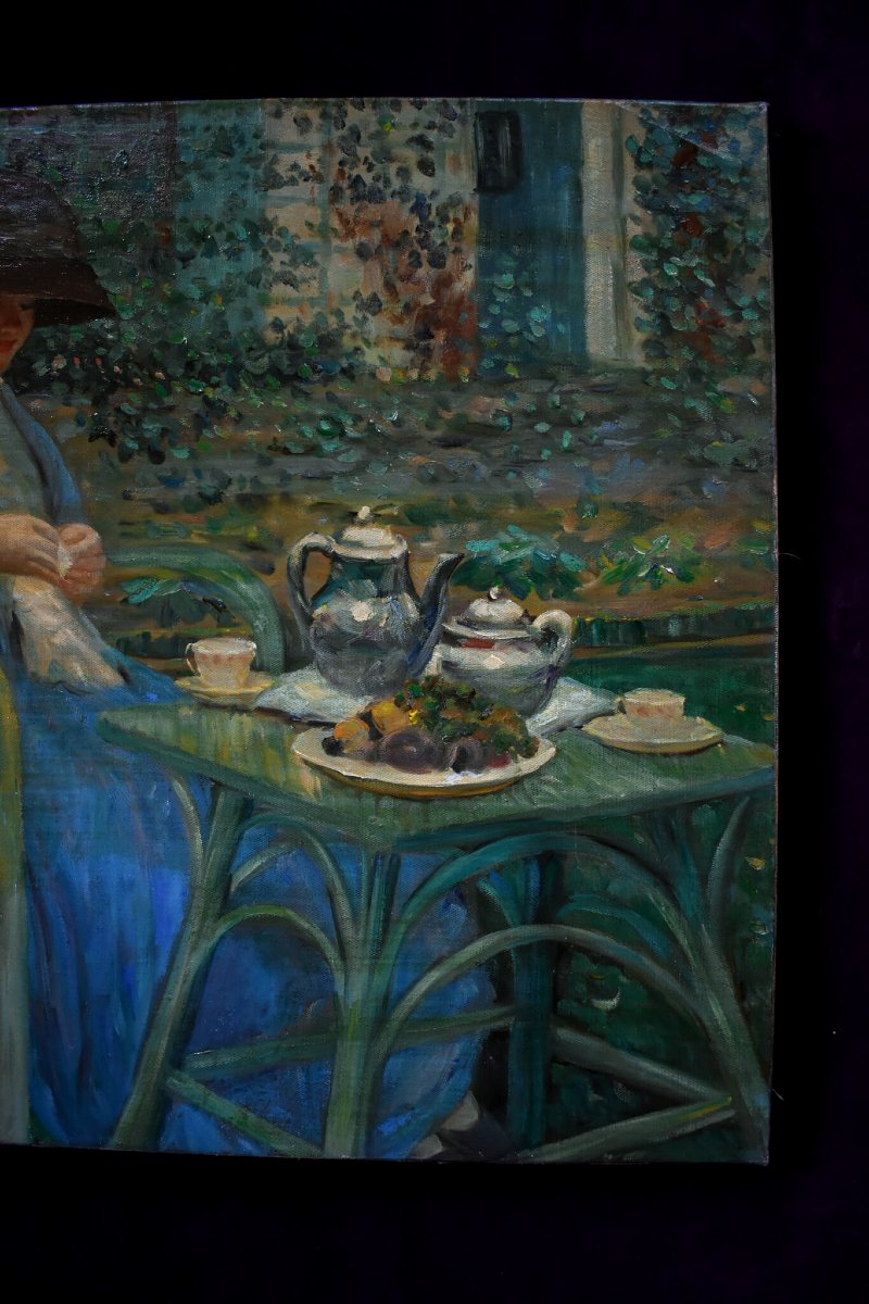 Petit-déjeuner au jardin – D'après Frieseke, École française-photo-4
