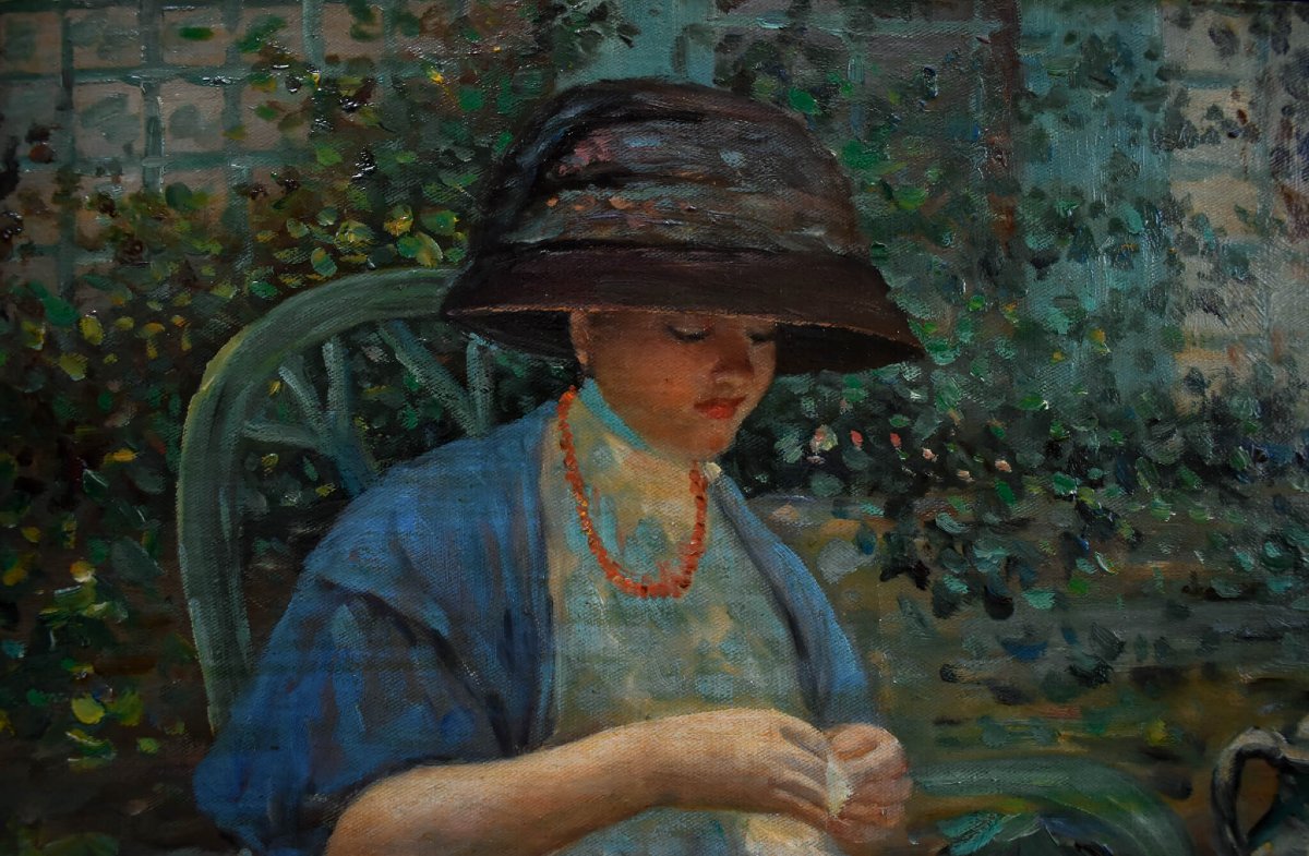 Petit-déjeuner au jardin – D'après Frieseke, École française-photo-1